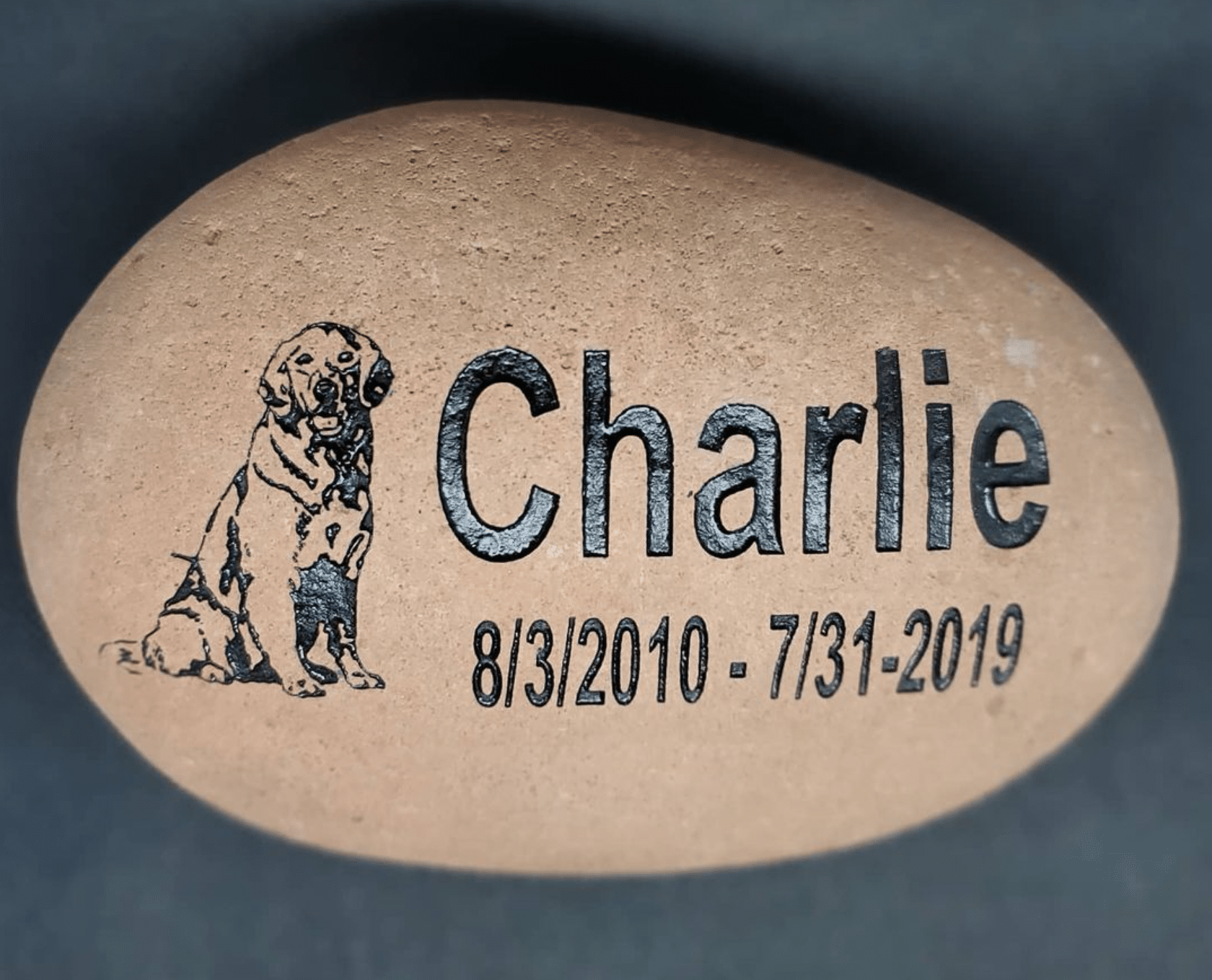 Pet memorial to pay tribute to Charlie 8/3/2010 - 07/31/2019. Includes custom graphic of a dog