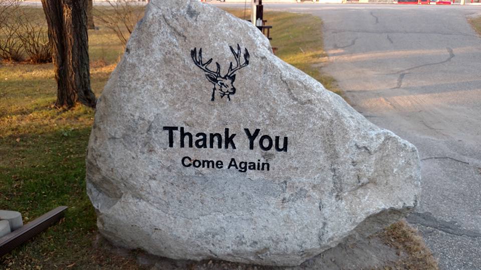 Large engraving with text, Thank you Come again. With custom graphic of a buck