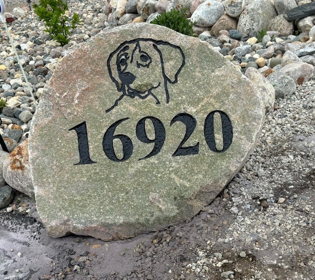Engraved rocks with image of a dog and number 16920 for an address