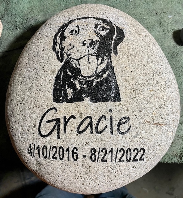 Engraved pet memorial that says Gracie 04/10/2016 - 08/21/2022. Custom dog graphic.