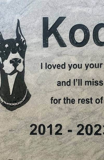 Pet Memorial Engraving with text, Koda I loved you your whole life and ill miss you for the rest of mine. Included Graphic of what the dog looked like