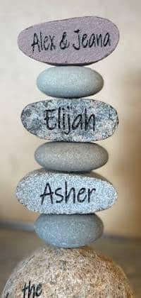 4 tier stacker rock with engravings Alex and Jeana, Elijah, Asher.