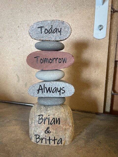 Four tier stacker with engravings today, tomorrow, always, Brian and Britta from top to bottom.