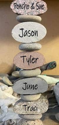 6 tier stacker with engravings Poncho and Sue, Jason, Tyler, June, Traci