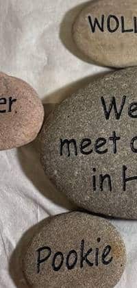 Small engraved stones that have pet names with the center stone saying, We will meet our pets in Heaven.