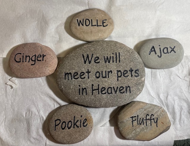 Multiple engraved stones, the center one saying we will meet our pets in Heaven. Surrounded by five stones with engravings Gringe, Wolle, Ajax, Fluffy, and Pookie.
