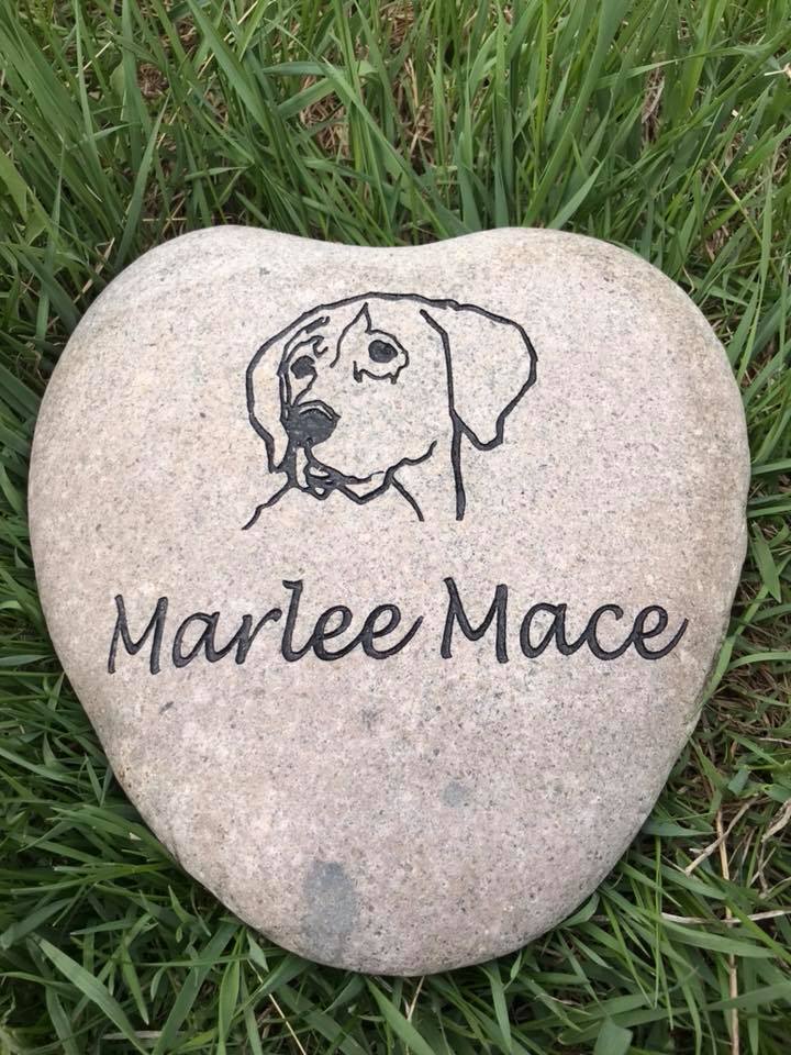 Custom engraving of a graphic of a dog with text, Marlee Mace