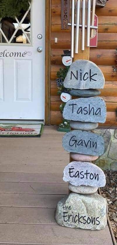 Beautiful 5 tier stacker engraving on the porch of a cabin that gives a warm, welcoming feeling.