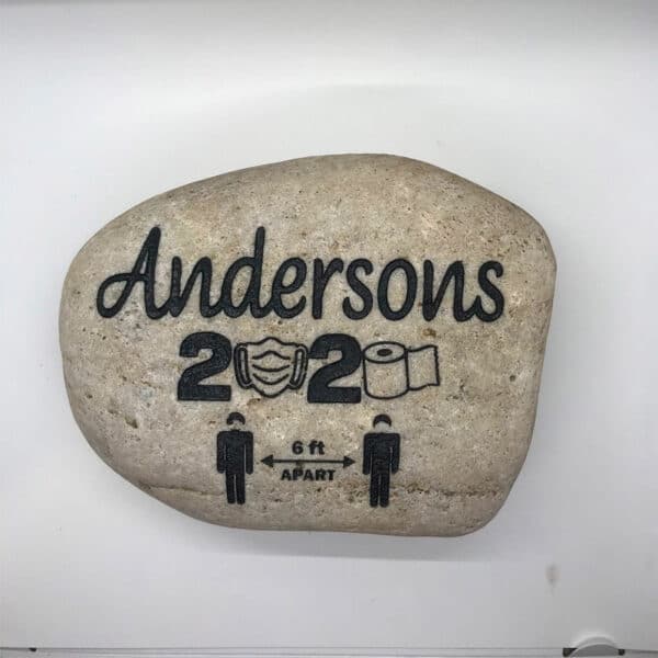 small custom rock depicting 2020 with masks and toilet paper