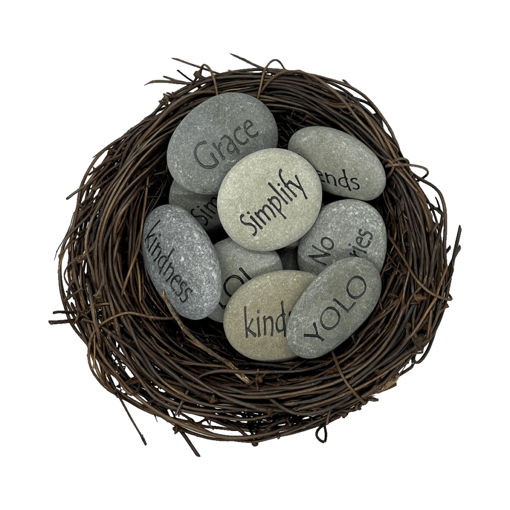 Bird nest containing 9 individual engraved stones