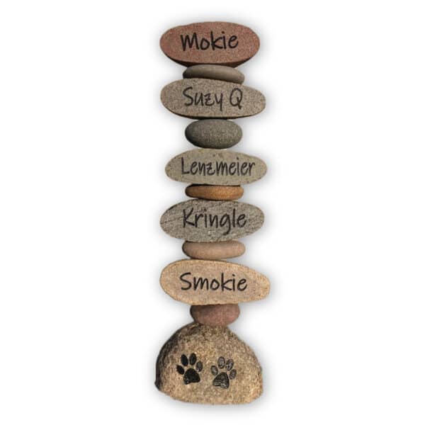 6 tier stacker engraved rock with 1 name on each tier with engraved pawprints on the bottom stone