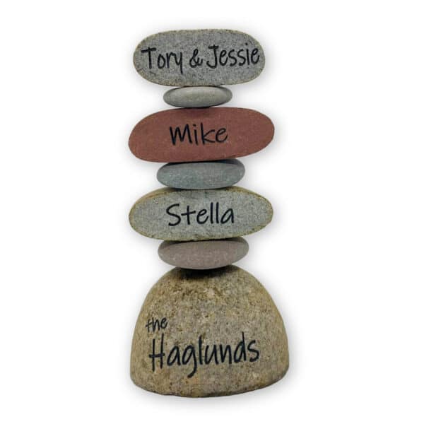 one of our 4 tier stackers engraved rock art with engravings tory and Jessie, Mike, Stella, the haglunds