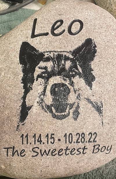 Engraved pet memorial with text Leo 11/14/15 - 10/28/22 The sweetest boy with a custom graphic of the dog