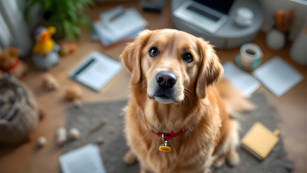 A golden retriever standing around a large office mess he made with innocent look to their owner