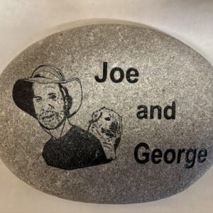 custom engraved rock with text joe and george with custom image of the both of them