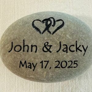 Wedding Rocks, engraved intertwined hearts with names John and Jacky on river stone. May 17, 2025